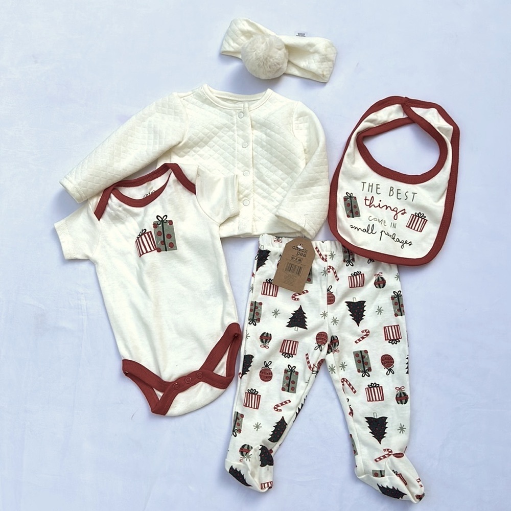 CHICK PEA Baby 5-Piece Set Coat onesie Bib Pants Headband size 0-3 month holiday